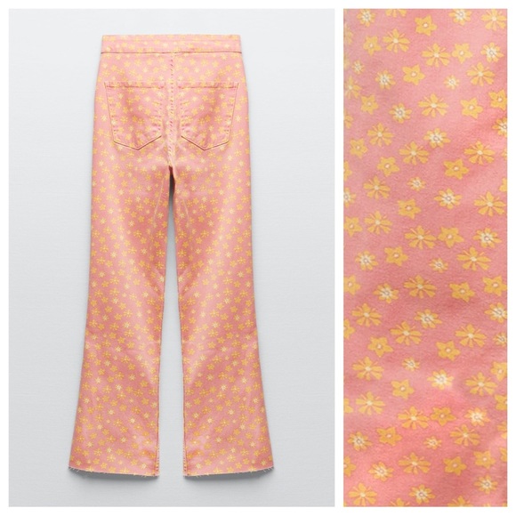 NWT. Zara Pink/Yellow Floral Print Flared Cropped Jeans. Size 4. - Picture 8 of 11